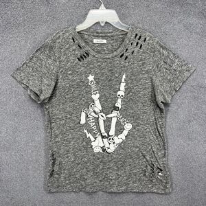 Lauren Moshi T Shirt Womens XS Grey Skeleton Hands Distressed Tee peace love